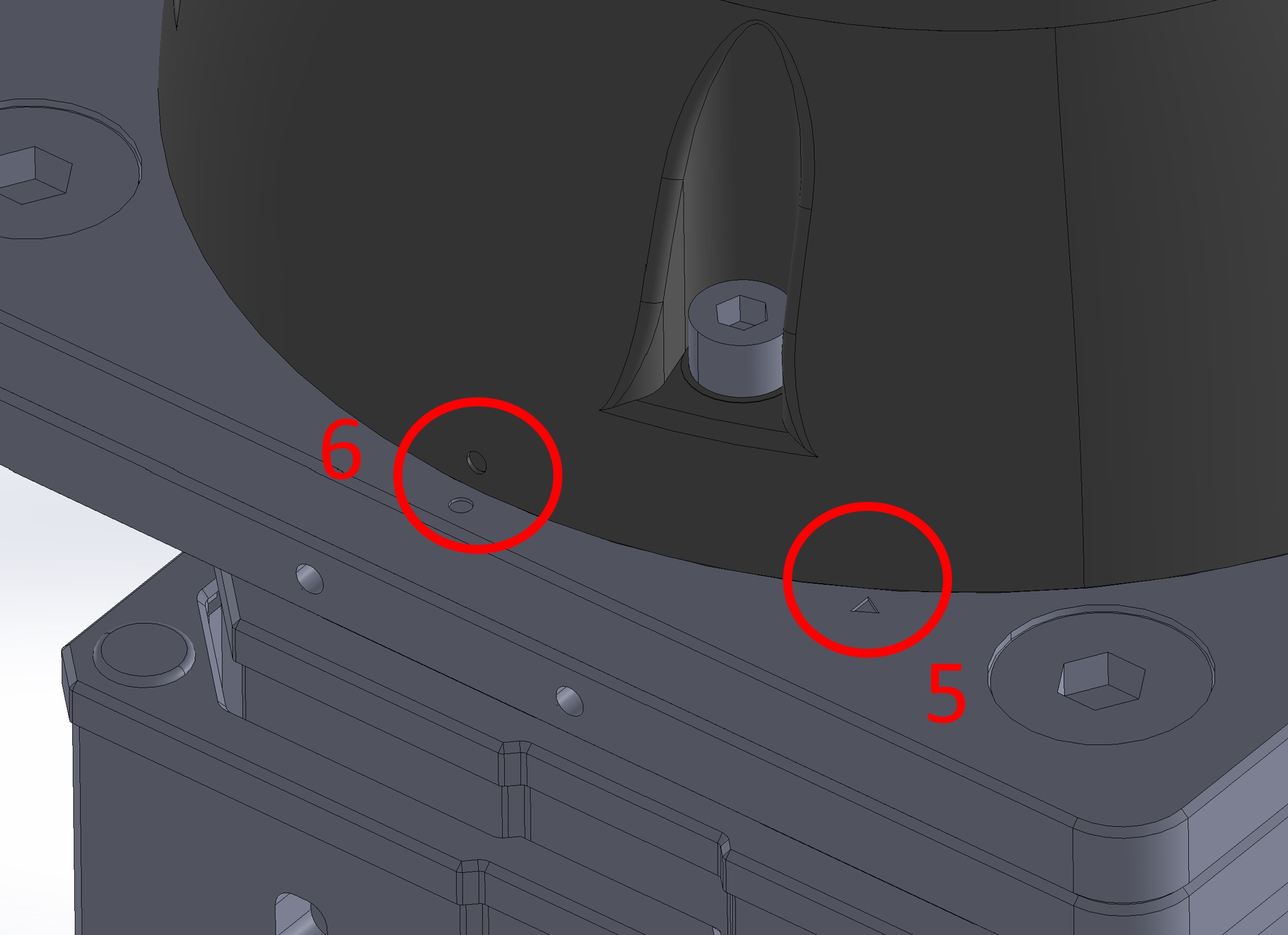 Securing the arm base with five M8 × 30 mm screws — locations shown circled