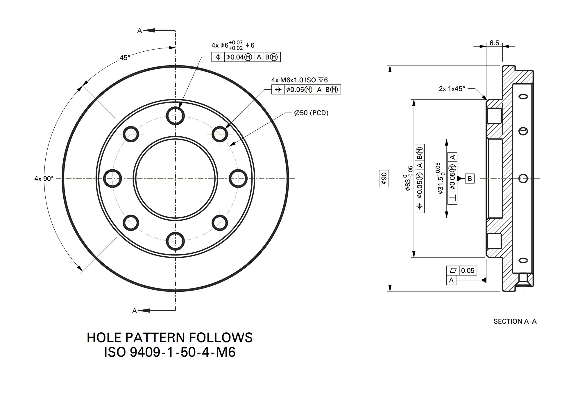 Tool flange engineering drawing — bolt pattern, locating pin positions, M8 connector