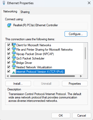 Windows IPv4 settings